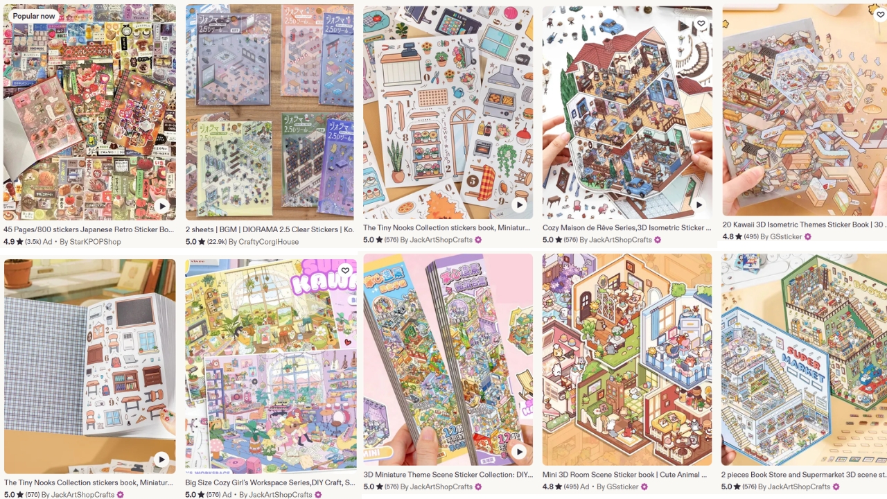 Sticker designs trending as a niche on Etsy (market illustration)