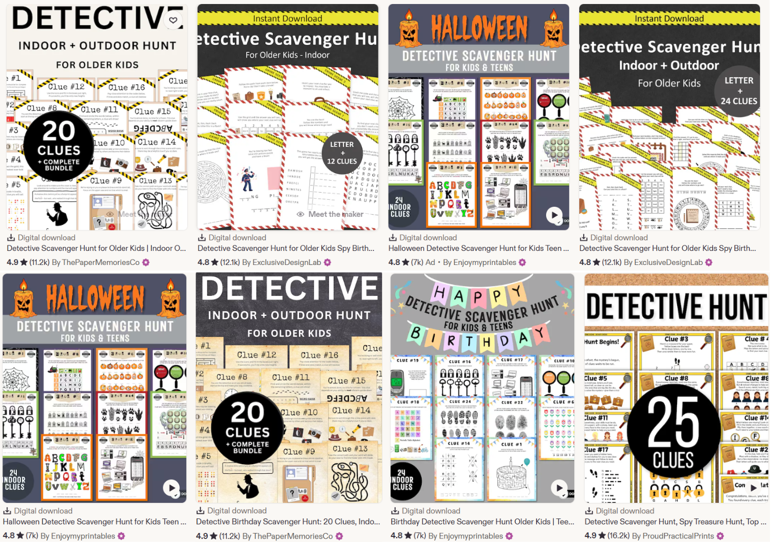 Examples of printable scavenger hunt products listed on Etsy