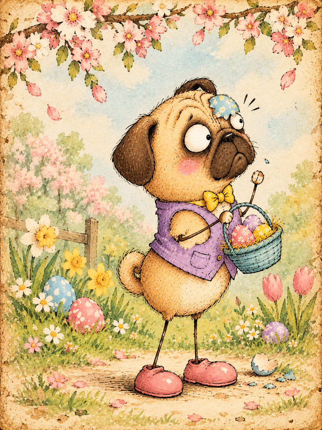 Pug caught during an Easter egg hunt