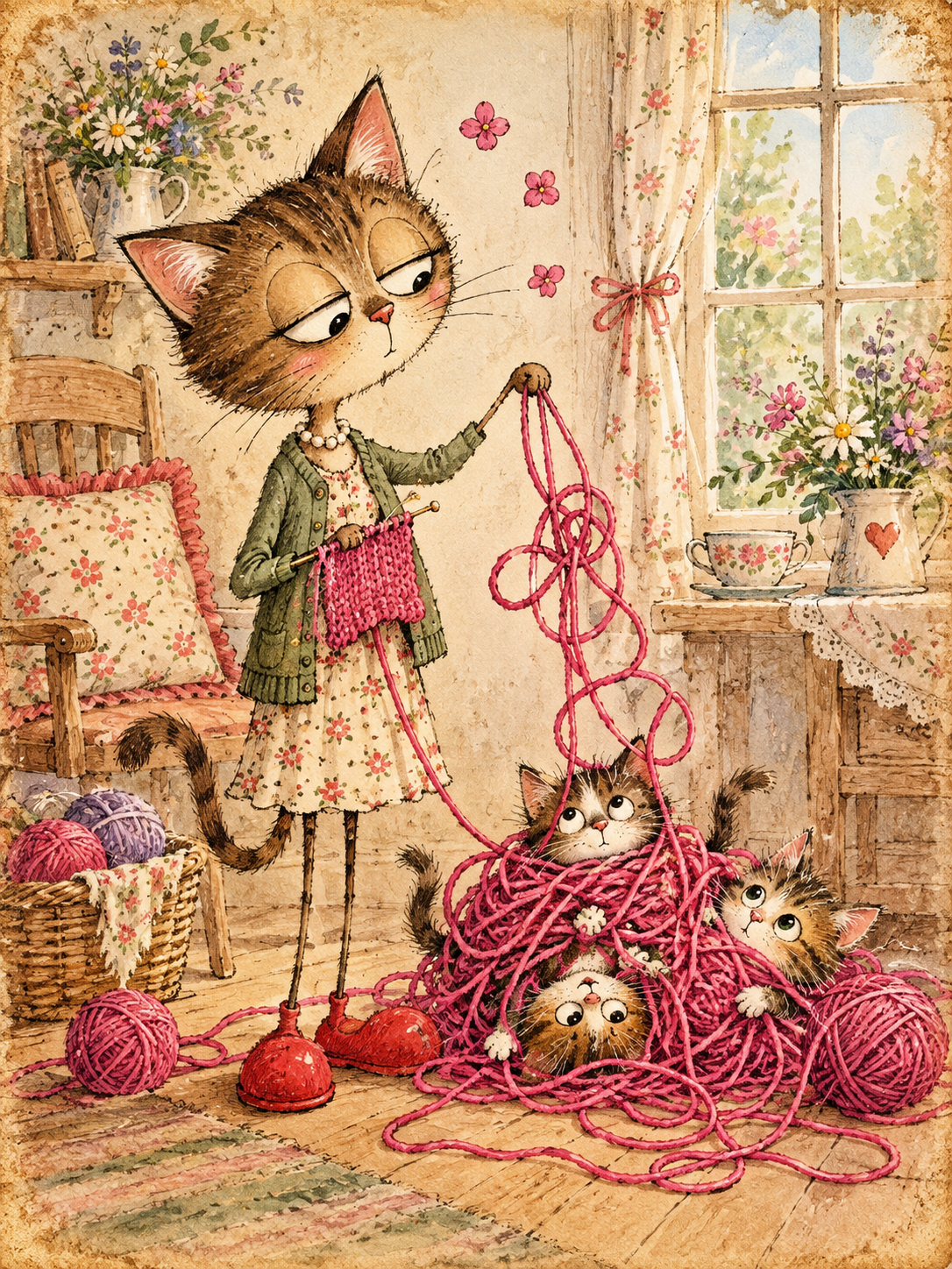 Cat knitting while kittens unravel yarn