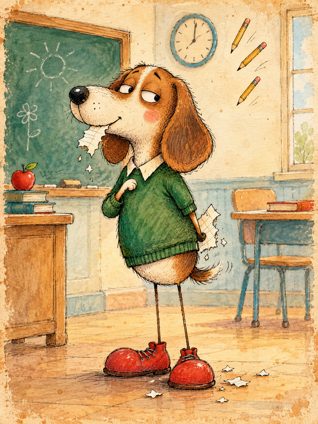 Beagle eating homework