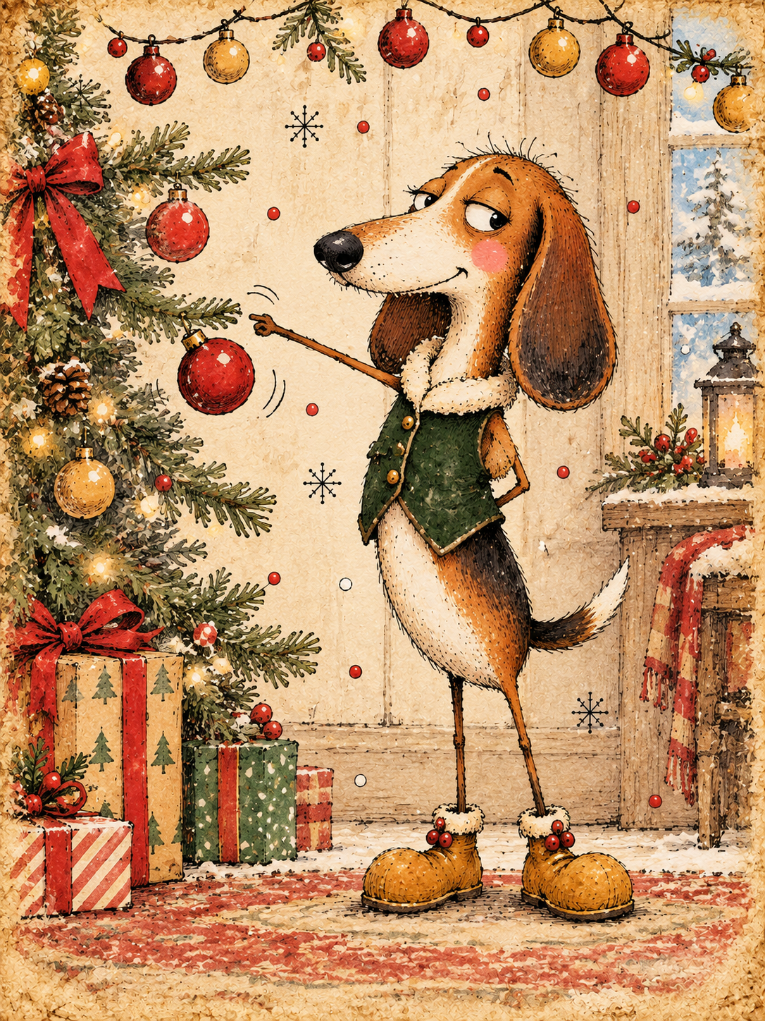 Beagle decorating a Christmas tree