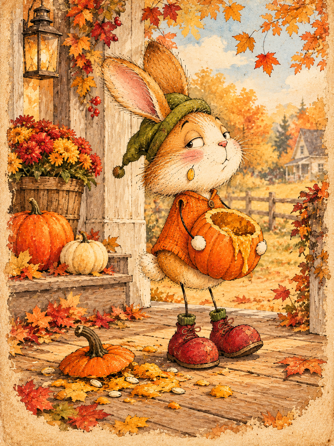 Bunny holding a carved pumpkin
