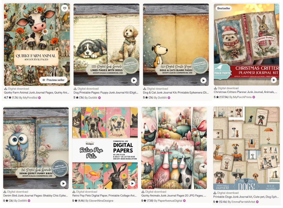 Junk journal printables on Etsy